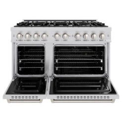 ZLINE 48 In. 6.7 Cu. Ft. Classic Double Oven Dual Fuel Range With 8 Burner Gas Cooktop In Stainless Steel (CDR48)(Zline 48 Classic Dual Fuel Range Stainless Steel Cdr48) -Zline Oven Shop zline classic stainless steel dual fuel range CDR48 front open