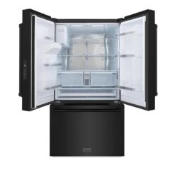 ZLINE 36 In. 28.9 Cu. Ft. Standard-Depth French Door External Water Dispenser Refrigerator With Dual Ice Maker In Fingerprint-Resistant Black Stainless Steel (RSM-W-36-BS)(Zline 36 Standard Depth Refrigerator Black Stainless Steel Rsm W 36 Bs) -Zline Oven Shop zline french door black stainless steel standard depth refrigerator RSM W 36 BS front open