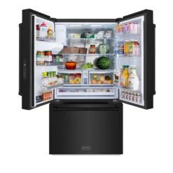 ZLINE 36 In. 28.9 Cu. Ft. Standard-Depth French Door External Water Dispenser Refrigerator With Dual Ice Maker In Fingerprint-Resistant Black Stainless Steel (RSM-W-36-BS)(Zline 36 Standard Depth Refrigerator Black Stainless Steel Rsm W 36 Bs) -Zline Oven Shop zline french door black stainless steel standard depth refrigerator RSM W 36 BS front open food