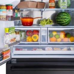 ZLINE 36 In. 28.9 Cu. Ft. Standard-Depth French Door External Water Dispenser Refrigerator With Dual Ice Maker In Fingerprint-Resistant Black Stainless Steel (RSM-W-36-BS)(Zline 36 Standard Depth Refrigerator Black Stainless Steel Rsm W 36 Bs) -Zline Oven Shop zline french door black stainless steel standard depth refrigerator RSM W 36 BS front open food in detail