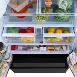 ZLINE 36 In. 28.9 Cu. Ft. Standard-Depth French Door External Water Dispenser Refrigerator With Dual Ice Maker In Fingerprint-Resistant Black Stainless Steel (RSM-W-36-BS)(Zline 36 Standard Depth Refrigerator Black Stainless Steel Rsm W 36 Bs) -Zline Oven Shop zline french door black stainless steel standard depth refrigerator RSM W 36 BS top open food in detail