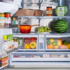 ZLINE 36 In. 28.9 Cu. Ft. Standard-Depth French Door External Water Dispenser Refrigerator With Dual Ice Maker In Fingerprint-Resistant Stainless Steel (RSM-W-36)(Zline 36 Standard Depth Refrigerator Stainless Steel Rsm W 36) 31 ZLINE 36 In. 28.9 Cu. Ft. Standard-Depth French Door External Water Dispenser Refrigerator With Dual Ice Maker In Fingerprint-Resistant Stainless Steel (RSM-W-36)(Zline 36 Standard Depth Refrigerator Stainless Steel Rsm W 36) -Zline Oven Shop zline french door stainless steel standard depth refrigerator RSM W 36 front open food in detail