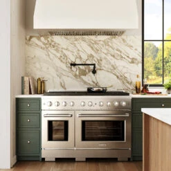 ZLINE 48 In. 6.7 Cu. Ft. Paramount Dual Fuel Range With 8 Burner DuoPro™ Cooktop And Dual Ovens In Stainless Steel (PSDR48)(Zline 48 Paramount Dual Fuel Range Duopro Stainless Steel Psdr48) -Zline Oven Shop zline lifestyle PSDR48 695 46 GEM FPF MB CWSETL ST 10 green marble kitchen front