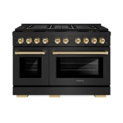 ZLINE Autograph Edition 48 In. 6.7 Cu. Ft. Paramount Dual Fuel Range With 8 Burner DuoPro™ Cooktop And Dual Ovens In Black Stainless Steel And Polished Gold Accents (PSDRBZ-48-G)(Zline Autograph Edition 48 Paramount Dual Fuel Range Duopro Black Stainless Steel Polished Gold Psdrbz 48 G)