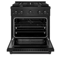 ZLINE 30 In. 4.2 Cu. Ft. Paramount Dual Fuel Range With 4 Burner Gas Cooktop And Electric Convection Oven In Black Stainless Steel (SDRB-30)(Zline 30 Paramount Dual Fuel Range Black Stainless Steel Sdrb 30) -Zline Oven Shop zline professional black stainless steel gas range SDRB 30 front open 363d59a7 bdad 4251 a105 7a4b738ba30f