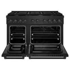 ZLINE 48 In. 6.7 Cu. Ft. Paramount Double Oven Dual Fuel Range With 8 Burner Gas Cooktop In Black Stainless Steel (SDRB-48)(Zline 48 Paramount Dual Fuel Range Black Stainless Steel Sdrb 48) -Zline Oven Shop zline professional black stainless steel gas range SDRB 48 front open