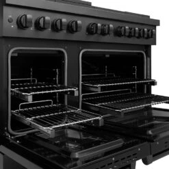 ZLINE 48 In. 6.7 Cu. Ft. Paramount Gas Range With 8 Burner DuoPro™ Cooktop And Dual Ovens In Black Stainless Steel (PSGRB-48)(Zline 48 Paramount Gas Range Duopro Black Stainless Steel Psgrb 48) -Zline Oven Shop zline professional black stainless steel gas range duopro cooktop PSGRB 48 oven detail