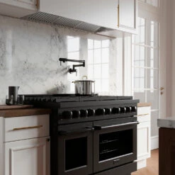 ZLINE 48 In. 6.7 Cu. Ft. Paramount Gas Range With 8 Burner DuoPro™ Cooktop And Dual Ovens In Black Stainless Steel (PSGRB-48)(Zline 48 Paramount Gas Range Duopro Black Stainless Steel Psgrb 48) -Zline Oven Shop zline professional black stainless steel gas range duopro cooktop PSGRB 48 white wood lifestyle angled