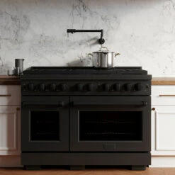 ZLINE 48 In. 6.7 Cu. Ft. Paramount Gas Range With 8 Burner DuoPro™ Cooktop And Dual Ovens In Black Stainless Steel (PSGRB-48)(Zline 48 Paramount Gas Range Duopro Black Stainless Steel Psgrb 48) -Zline Oven Shop zline professional black stainless steel gas range duopro cooktop PSGRB 48 white wood lifestyle front