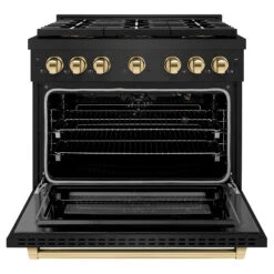 ZLINE Autograph Edition 36 In. 5.2 Cu. Ft. Paramount Gas Range With 6 Burner DuoPro™ Cooktop And Convection Gas Oven In Black Stainless Steel And Polished Gold Accents (PSGRBZ-36-G)(Zline Autograph Edition 36 Paramount Gas Range Duopro Black Stainless Steel Polished Gold Psgrbz 36 G) -Zline Oven Shop zline professional black stainless steel gas range duopro cooktop PSGRBZ 36 G front open