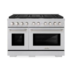 ZLINE 48 In. 6.7 Cu. Ft. Paramount Double Oven Dual Fuel Range With 8 Burner Gas Cooktop In Satin Stainless Steel (SDRS-48)(Zline 48 Paramount Dual Fuel Range Satin Stainless Steel Sdrs 48) -Zline Oven Shop zline professional satin stainless steel dual fuel range SDRS 48 front hero