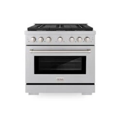 ZLINE 36 In. 5.2 Cu. Ft. Paramount Dual Fuel Range With Gas Cooktop And Electric Convection Oven In Satin Stainless Steel With 6 Brass Burners (SDRS-BR-36)(Zline 36 Paramount Dual Fuel Range Satin Stainless Steel Brass Burners Sdrs Br 36) -Zline Oven Shop zline professional satin stainless steel dual fuel range SDRS BR 36 front hero