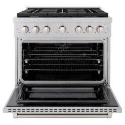 ZLINE 36 In. 5.2 Cu. Ft. Paramount Dual Fuel Range With Gas Cooktop And Electric Convection Oven In Satin Stainless Steel With 6 Brass Burners (SDRS-BR-36)(Zline 36 Paramount Dual Fuel Range Satin Stainless Steel Brass Burners Sdrs Br 36) -Zline Oven Shop zline professional satin stainless steel dual fuel range SDRS BR 36 front open