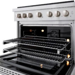 ZLINE 36 In. 5.2 Cu. Ft. Paramount Dual Fuel Range With Gas Cooktop And Electric Convection Oven In Satin Stainless Steel With 6 Brass Burners (SDRS-BR-36)(Zline 36 Paramount Dual Fuel Range Satin Stainless Steel Brass Burners Sdrs Br 36) -Zline Oven Shop zline professional satin stainless steel dual fuel range SDRS BR 36 inside oven detail