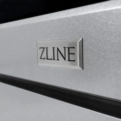 ZLINE 48 In. 6.7 Cu. Ft. Paramount Double Oven Dual Fuel Range In Satin Stainless Steel With 8 Brass Burners (SDRS-BR-48)(Zline 48 Paramount Dual Fuel Range Satin Stainless Steel Brass Burners Sdrs Br 48) -Zline Oven Shop zline professional satin stainless steel dual fuel range SDRS BR 48 badge detail