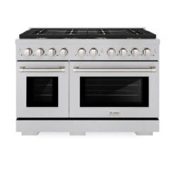 ZLINE 48 In. 6.7 Cu. Ft. Paramount Double Oven Dual Fuel Range In Satin Stainless Steel With 8 Brass Burners (SDRS-BR-48)(Zline 48 Paramount Dual Fuel Range Satin Stainless Steel Brass Burners Sdrs Br 48) -Zline Oven Shop zline professional satin stainless steel dual fuel range SDRS BR 48 front