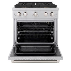 ZLINE 30 In. 4.2 Cu. Ft. Paramount Gas Range With Convection Gas Oven In Satin Stainless Steel With 4 Brass Burners (SGRS-BR-30)(Zline 30 Paramount Gas Range Satin Stainless Steel Brass Burners Sgrs Br 30) -Zline Oven Shop zline professional satin stainless steel gas range SGRS BR 30 front open