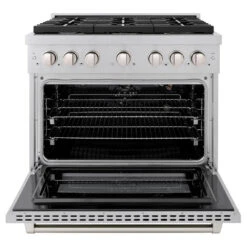 ZLINE 36 In. 5.2 Cu. Ft. Paramount Gas Range With Convection Gas Oven In Satin Stainless Steel With 6 Brass Burners (SGRS-BR-36)(Zline 36 Paramount Gas Range Satin Stainless Steel Brass Burners Sgrs Br 36) 23 ZLINE 36 In. 5.2 Cu. Ft. Paramount Gas Range With Convection Gas Oven In Satin Stainless Steel With 6 Brass Burners (SGRS-BR-36)(Zline 36 Paramount Gas Range Satin Stainless Steel Brass Burners Sgrs Br 36) -Zline Oven Shop zline professional satin stainless steel gas range SGRS BR 36 front open