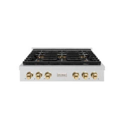 ZLINE Autograph Edition 36 In. Paramount Gas Rangetop With 6 Burner DuoPro™ Cooktop In Satin Stainless Steel And Polished Gold Accents (PSRTSZ-36-G)(Zline Autograph Edition 36 Paramount Gas Rangetop Duopro Satin Stainless Steel Polished Gold Psrtsz 36 G)
