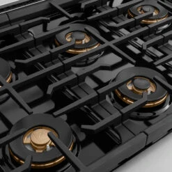 ZLINE Autograph Edition 36 In. 5.2 Cu. Ft. Paramount Dual Fuel Range With 6 Burner DuoPro™ Cooktop And Electric Convection Oven In Stainless Steel And Polished Gold Accents (PSDRZ-36-G)(Zline Autograph Edition 36 Paramount Dual Fuel Range Duopro Stainless Steel Polished Gold Psdrz 36 G) -Zline Oven Shop zline professional stainless steel dual fuel range duopro cooktop PSDRZ 36 G burner spread detail