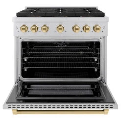 ZLINE Autograph Edition 36 In. 5.2 Cu. Ft. Paramount Dual Fuel Range With 6 Burner DuoPro™ Cooktop And Electric Convection Oven In Stainless Steel And Polished Gold Accents (PSDRZ-36-G)(Zline Autograph Edition 36 Paramount Dual Fuel Range Duopro Stainless Steel Polished Gold Psdrz 36 G) -Zline Oven Shop zline professional stainless steel dual fuel range duopro cooktop PSDRZ 36 G front open