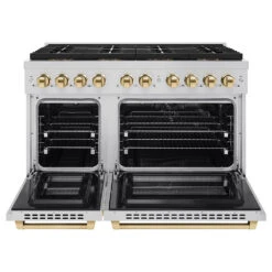 ZLINE Autograph Edition 48 In. 6.7 Cu. Ft. Paramount Dual Fuel Range With 8 Burner DuoPro™ Cooktop And Dual Ovens In Stainless Steel And Polished Gold Accents (PSDRZ-48-G)(Zline Autograph Edition 48 Paramount Dual Fuel Range Duopro Stainless Steel Polished Gold Psdrz 48 G) 20 ZLINE Autograph Edition 48 In. 6.7 Cu. Ft. Paramount Dual Fuel Range With 8 Burner DuoPro™ Cooktop And Dual Ovens In Stainless Steel And Polished Gold Accents (PSDRZ-48-G)(Zline Autograph Edition 48 Paramount Dual Fuel Range Duopro Stainless Steel Polished Gold Psdrz 48 G) -Zline Oven Shop zline professional stainless steel dual fuel range duopro cooktop PSDRZ 48 G front open