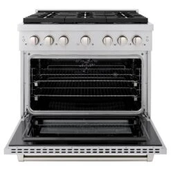 ZLINE 36 In. 5.2 Cu. Ft. Paramount Dual Fuel Range With Gas Cooktop And Electric Convection Oven In Stainless Steel With 6 Brass Burners (SDR-BR-36)(Zline 36 Paramount Dual Fuel Range Stainless Steel Brass Burners Sdr Br 36) -Zline Oven Shop zline professional stainless steel gas range SDR BR 36 front open 1fddc9a6 87b5 45be 8026 064ba0609575