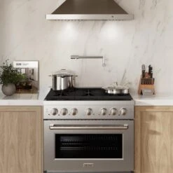ZLINE 36 In. 5.2 Cu. Ft. Paramount Gas Range With Convection Gas Oven In Stainless Steel With 6 Brass Burners (SGR-BR-36)(Zline 36 Paramount Gas Range Stainless Steel Brass Burners Sgr Br 36) -Zline Oven Shop zline professional stainless steel gas range SGR BR 36 lifestyle front