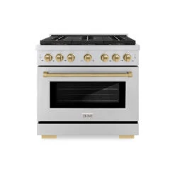 ZLINE Autograph Edition 36 In. 5.2 Cu. Ft. Paramount Gas Range With 6 Burner DuoPro™ Cooktop And Convection Gas Oven In Stainless Steel And Champagne Bronze Accents (PSGRZ-36-CB)(Zline Autograph Edition 36 Paramount Gas Range Duopro Stainless Steel Champagne Bronze Psgrz 36 Cb)