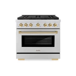 ZLINE Autograph Edition 36 In. 5.2 Cu. Ft. Paramount Gas Range With 6 Burner DuoPro™ Cooktop And Convection Gas Oven In Stainless Steel And Polished Gold Accents (PSGRZ-36-G)(Zline Autograph Edition 36 Paramount Gas Range Duopro Stainless Steel Polished Gold Psgrz 36 G)