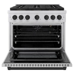 ZLINE Autograph Edition 36 In. 5.2 Cu. Ft. Paramount Gas Range With 6 Burner DuoPro™ Cooktop And Convection Gas Oven In Stainless Steel And Matte Black Accents (PSGRZ-36-MB)(Zline Autograph Edition 36 Paramount Gas Range Duopro Stainless Steel Matte Black Psgrz 36 Mb) 20 ZLINE Autograph Edition 36 In. 5.2 Cu. Ft. Paramount Gas Range With 6 Burner DuoPro™ Cooktop And Convection Gas Oven In Stainless Steel And Matte Black Accents (PSGRZ-36-MB)(Zline Autograph Edition 36 Paramount Gas Range Duopro Stainless Steel Matte Black Psgrz 36 Mb) -Zline Oven Shop zline professional stainless steel gas range duopro cooktop PSGRZ 36 MB front open