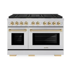 ZLINE Autograph Edition 48 In. 6.7 Cu. Ft. Paramount Gas Range With 8 Burner DuoPro⢠Cooktop And Dual Ovens In Stainless Steel And Polished Gold Accents (PSGRZ-48-G)(Zline Autograph Edition 48 Paramount Gas Range Duopro Stainless Steel Polished Gold Psgrz 48 G)